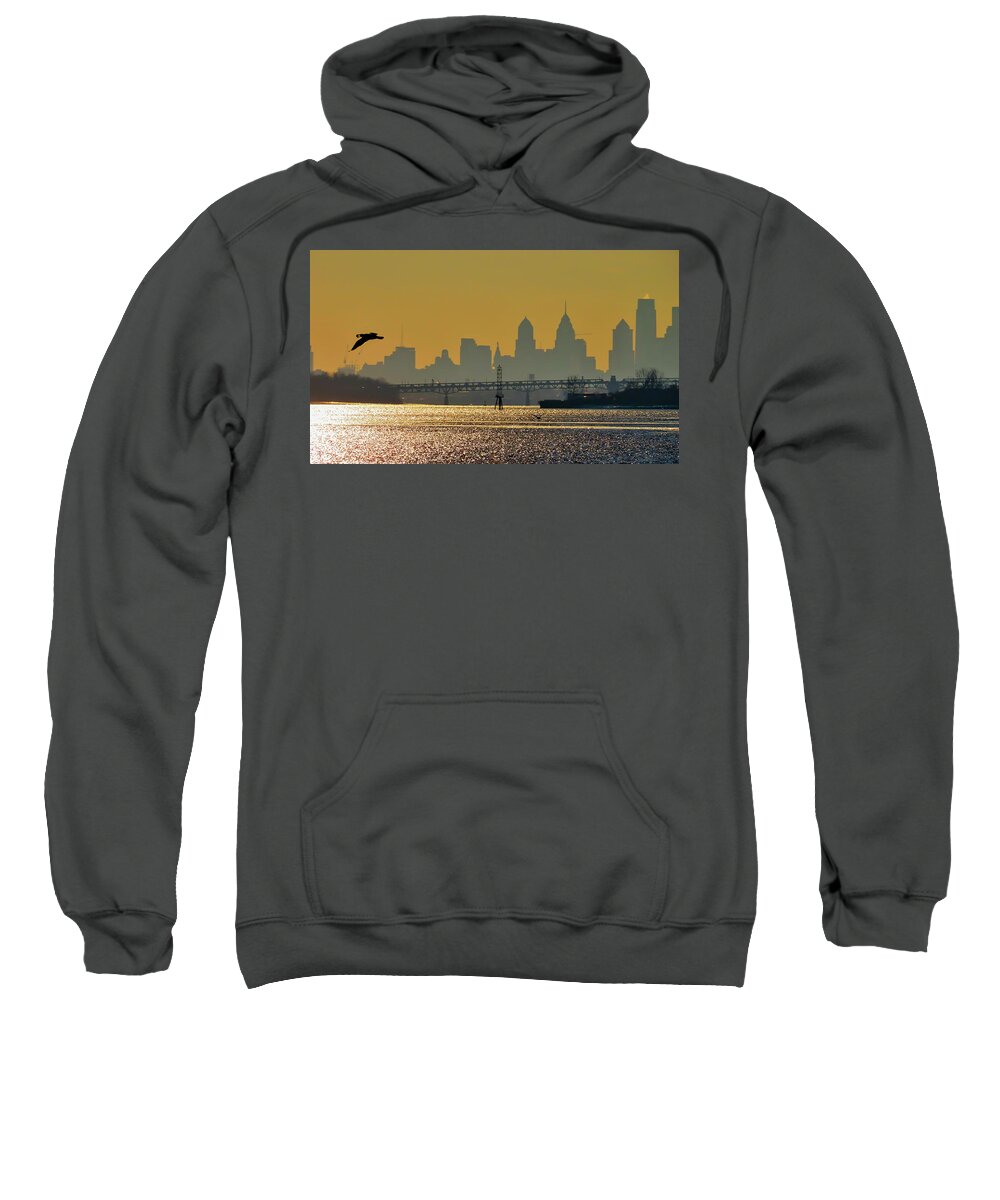 Philadelphia Sweatshirt featuring the photograph Philadelphia Skyline with Gull at Sunset as Seen from Amico Island by Linda Stern