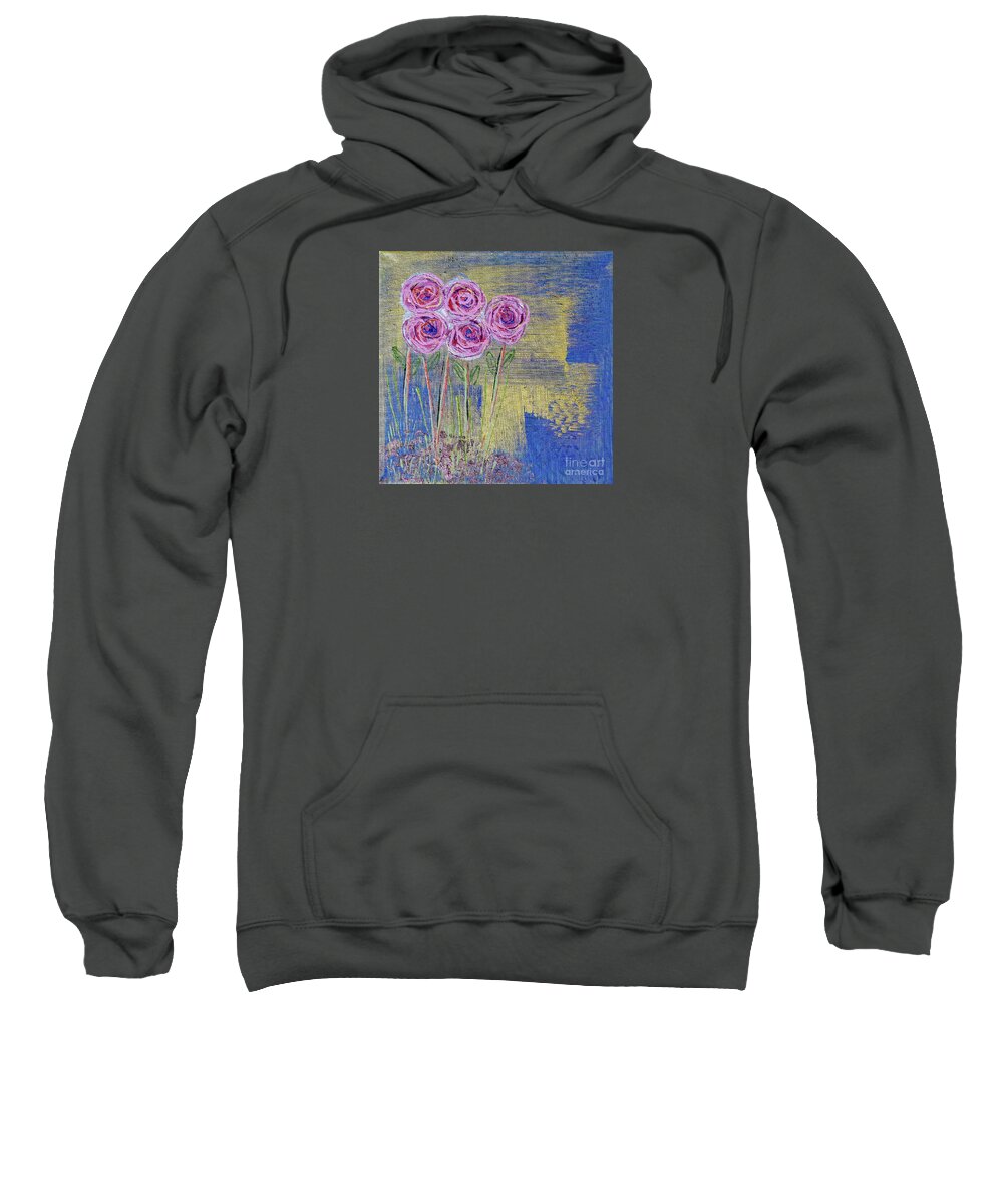 Rose Sweatshirt featuring the painting Pink Roses Stand Tall by Corinne Carroll