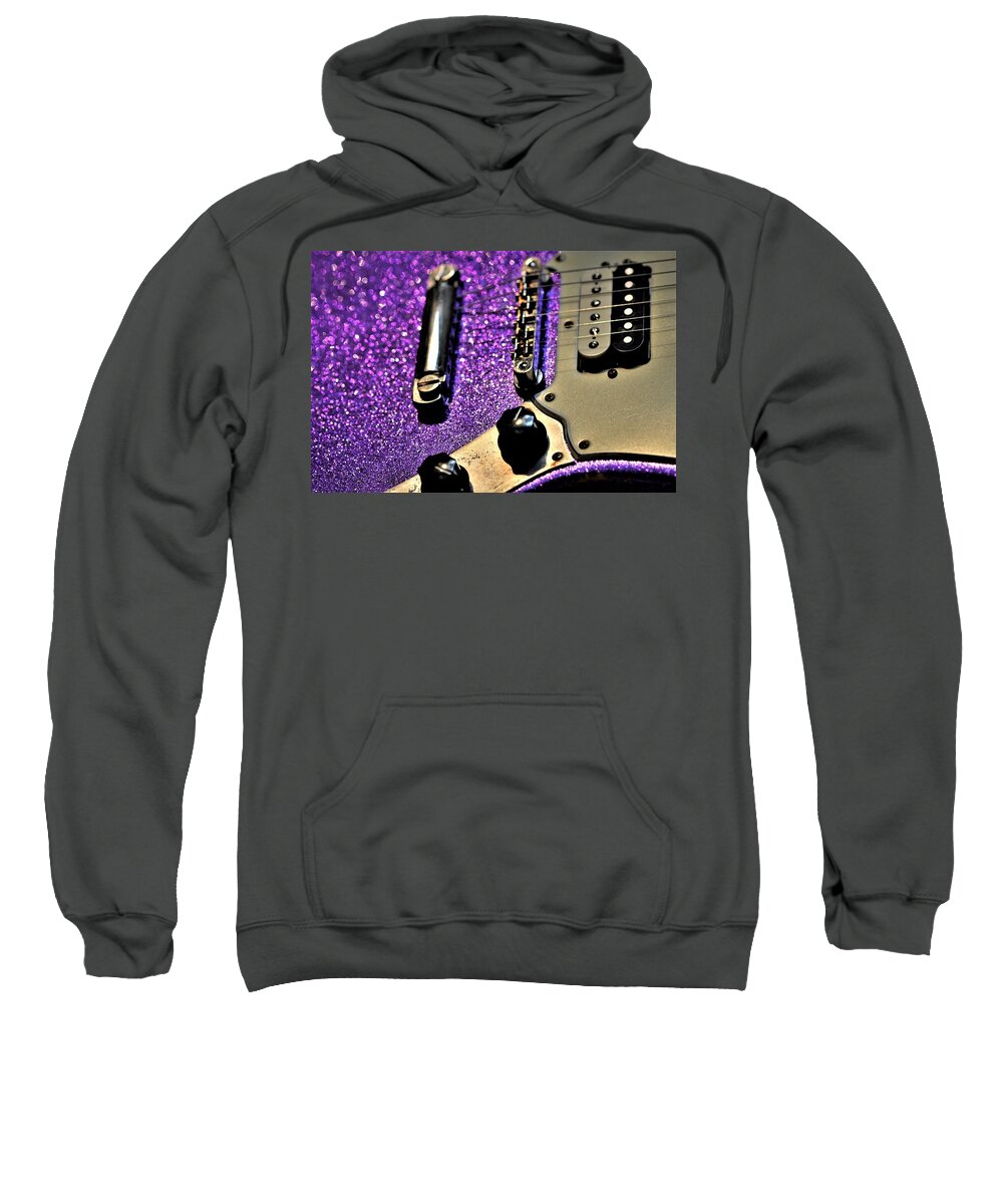 Fender Sweatshirt featuring the photograph Fender Mustang Guitar Purple Lavender Sparkle Vintage by Guitarwacky Fine Art