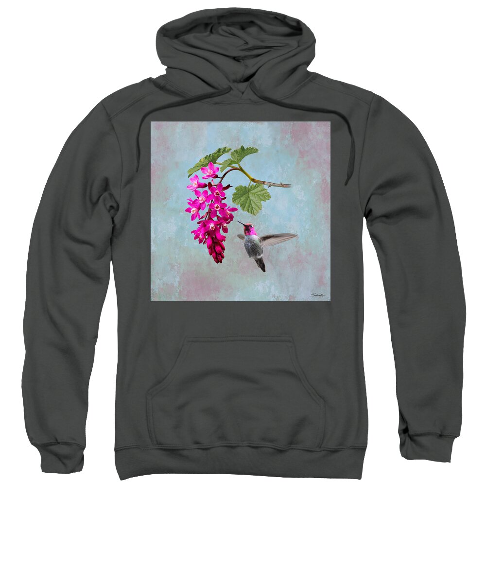 Flowers Sweatshirt featuring the digital art Red Flowering Currant and Hummingbird by Spadecaller