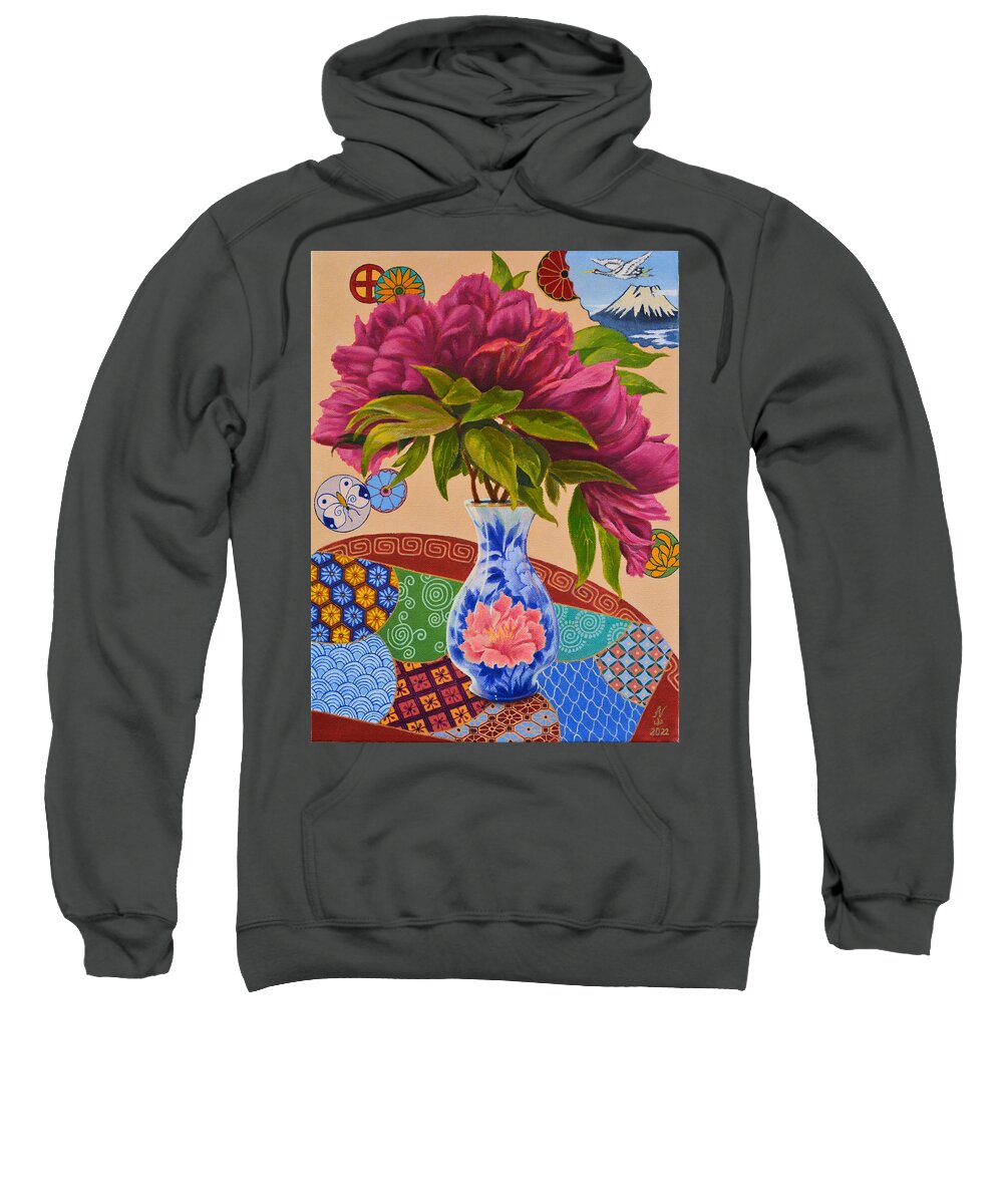 Red Sweatshirt featuring the painting Red Peonies or Homage to Meiji by Alex Vishnevsky