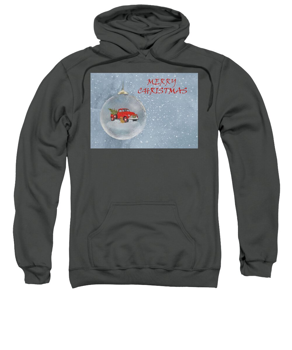 Merry Christmas Sweatshirt featuring the mixed media Red Pickup Truck And Christmas Tree And Dog2 Ornament Square by Sandi OReilly