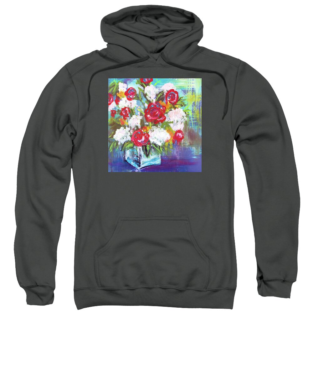 Roses Sweatshirt featuring the painting Red Roses Hydrangea Dripping Boho Floral Bouquet in Vase by Joanne Herrmann