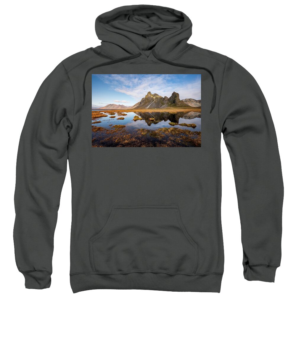 Eystrahorn Sweatshirt featuring the photograph Reflection of Eystrahorn mountain in Iceland by Alexios Ntounas