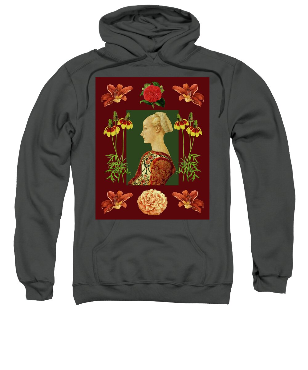 Portrait Sweatshirt featuring the mixed media Renaissance Lady with Flowers by Lorena Cassady