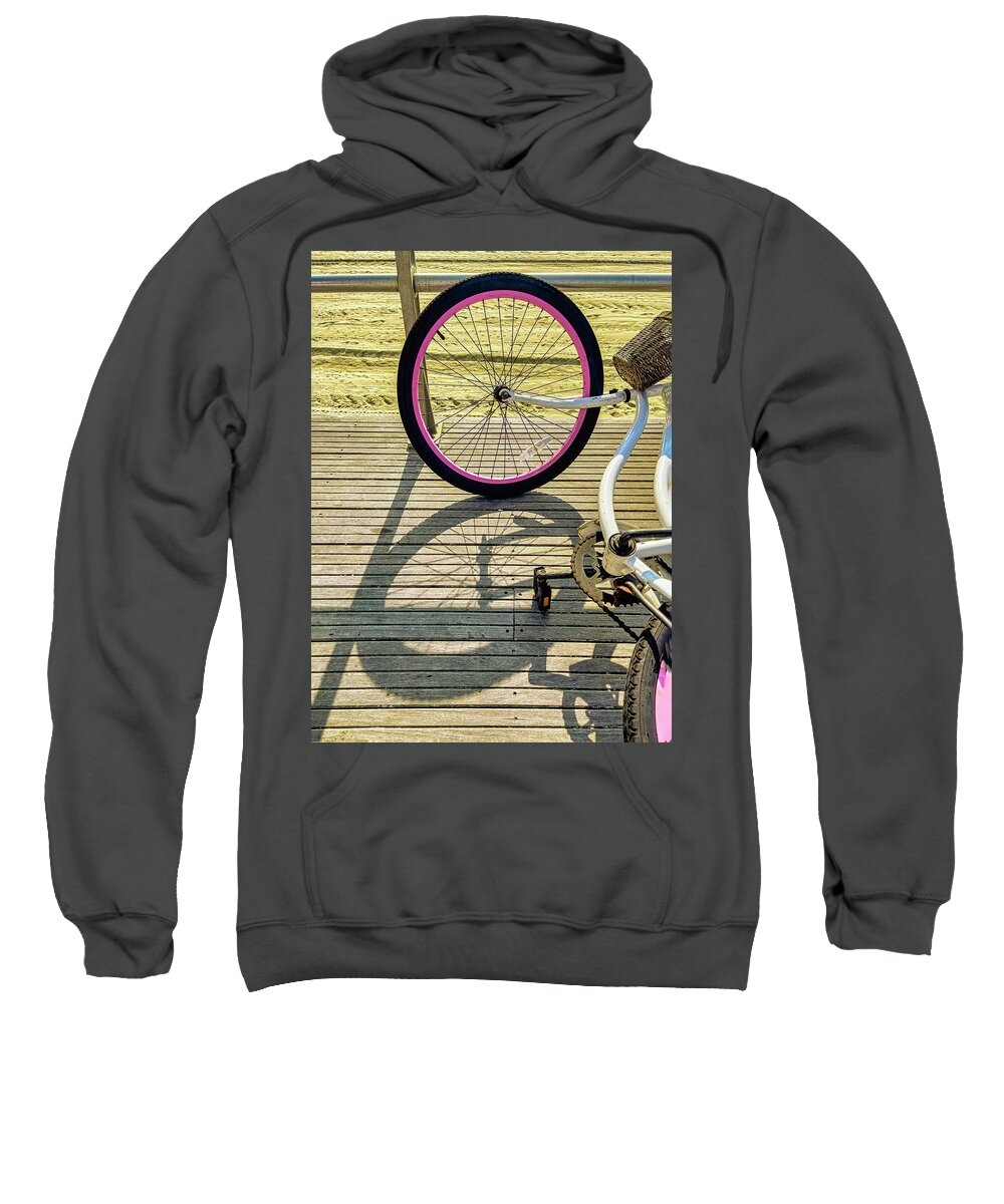 Bike Sweatshirt featuring the photograph Resting Bike And Shadows On Boardwalk by Gary Slawsky