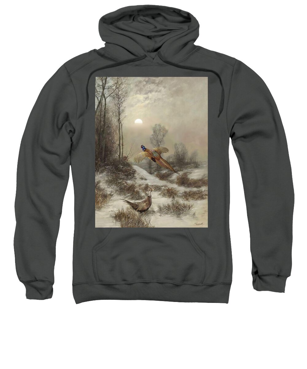 Birds Sweatshirt featuring the digital art Ring-necked Pheasants at Sunset by Spadecaller
