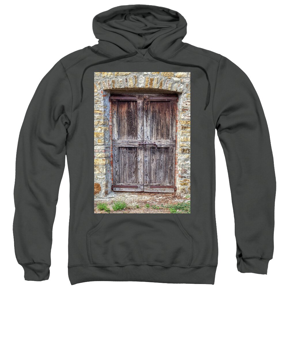 Door Sweatshirt featuring the photograph Rustic Weathered Brown Wood Door by David Letts