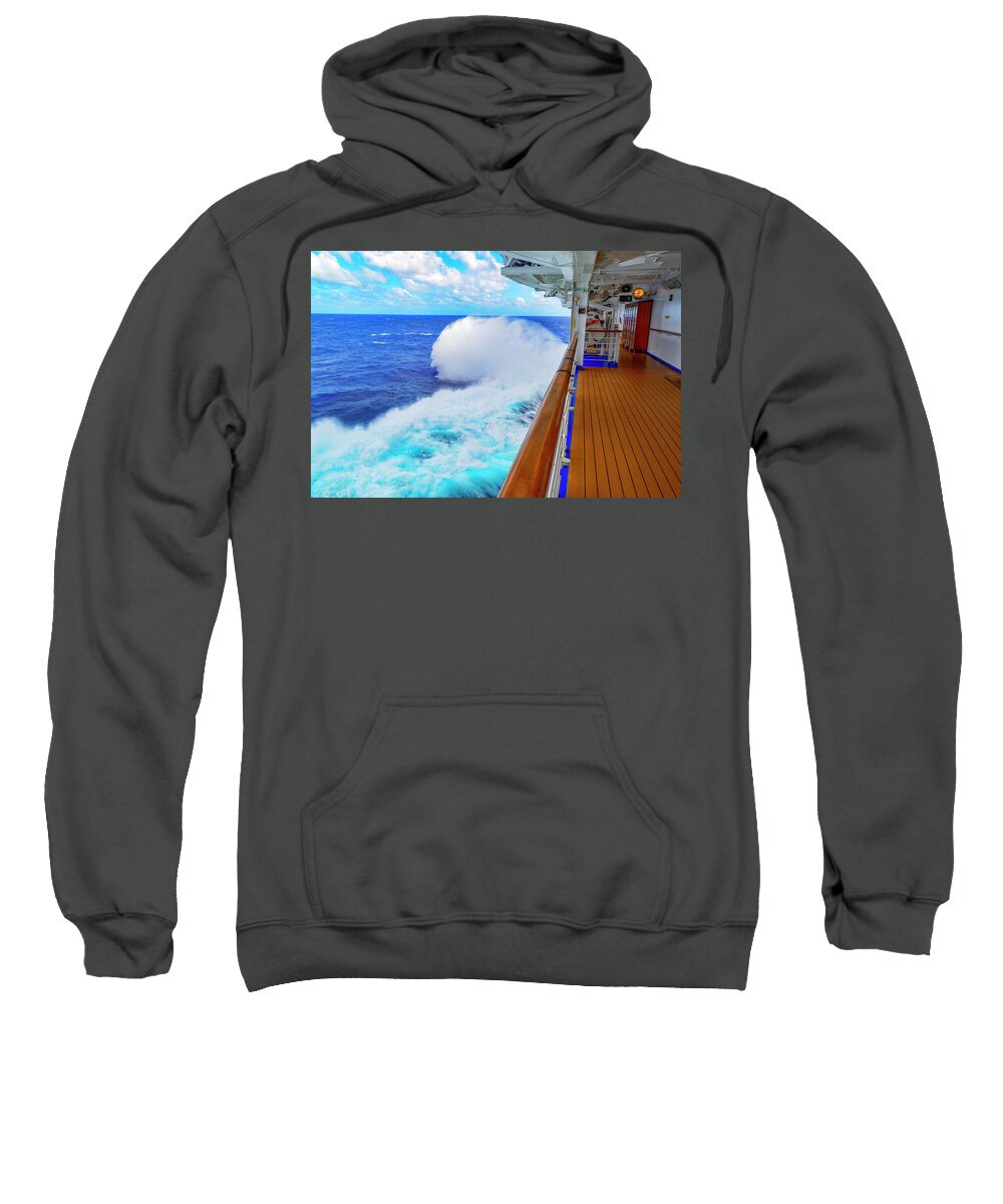 Cruise Ship; Water; Ocean; Skies; Clouds; Travel Sweatshirt featuring the photograph Sailing the Ocean Blue by AE Jones