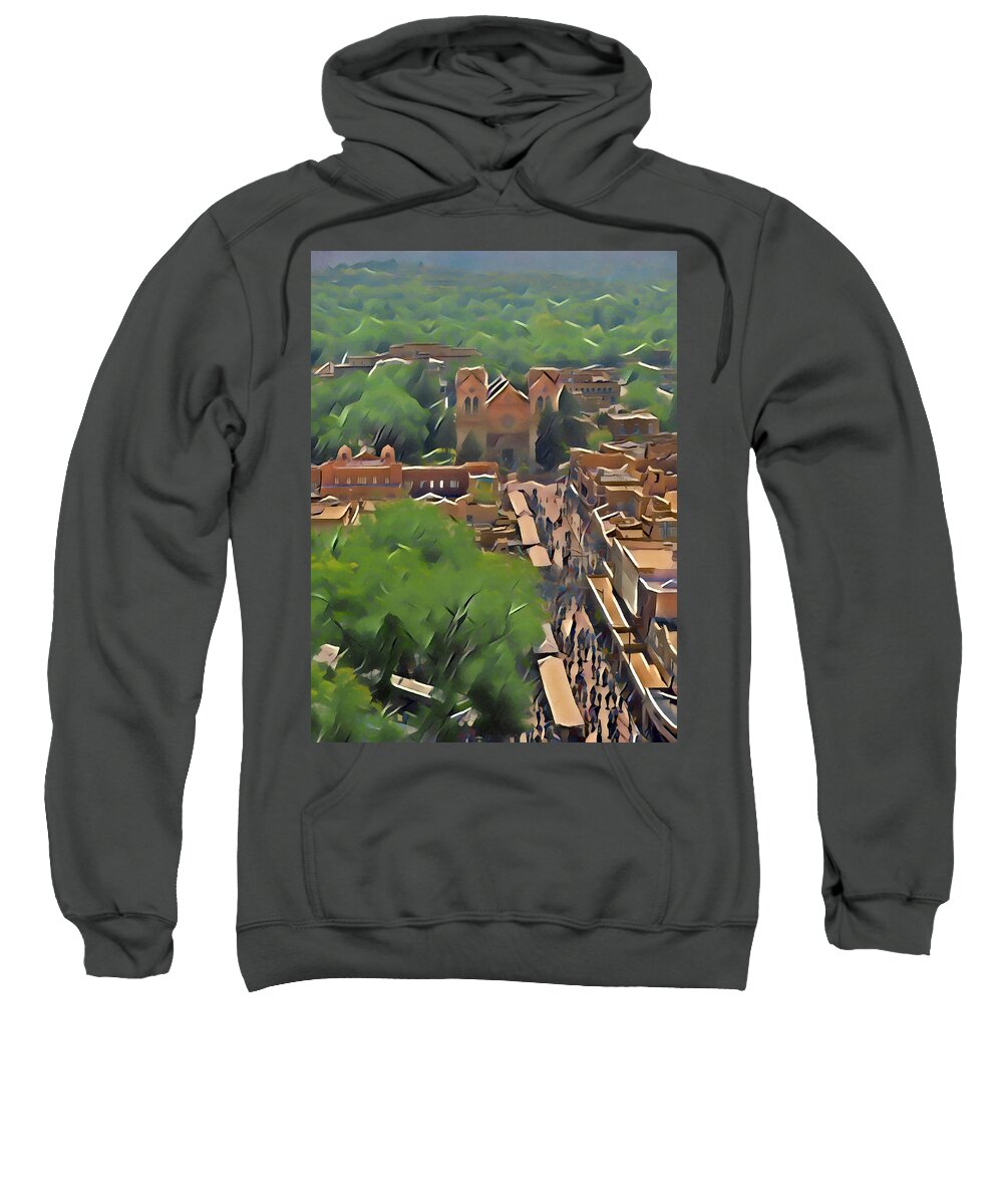 Southwest Sweatshirt featuring the digital art Santa Fe Indian Market by Aerial Santa Fe