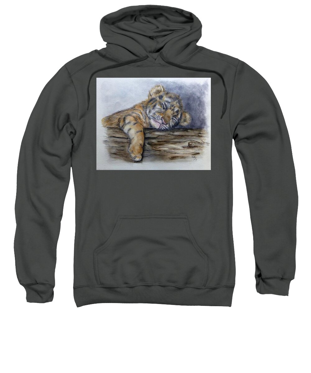 Tiger Cub Sweatshirt featuring the painting Shhh Tiger Cub is Sleeping by Kelly Mills