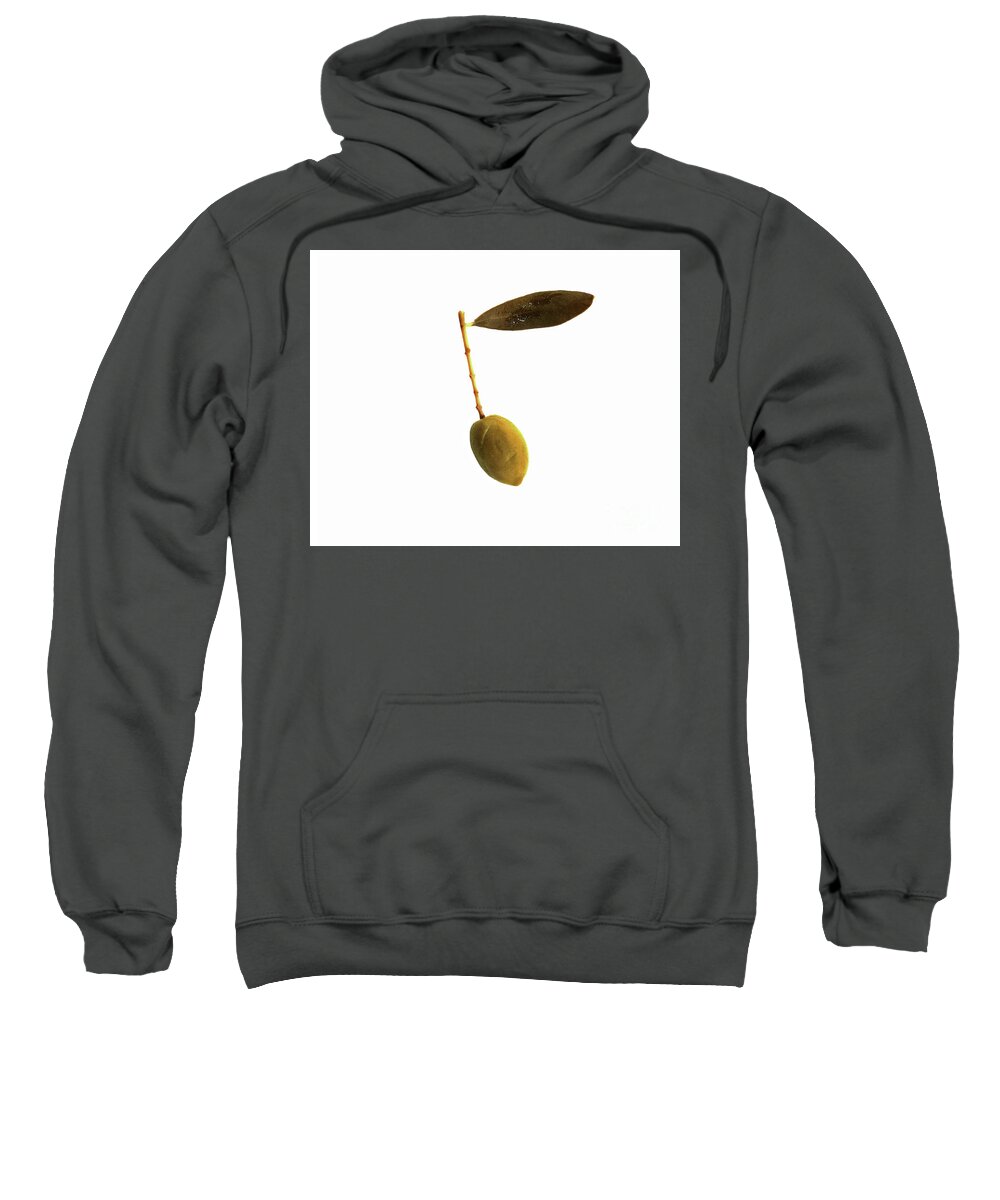 Green Olive Sweatshirt featuring the photograph Single Green Olive Isolated on white with a single leaf square by Pete Klinger