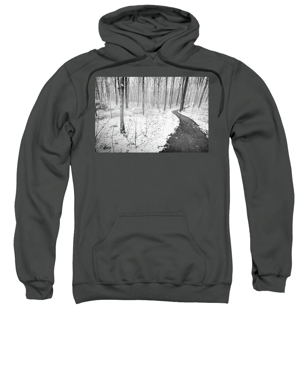 Snow Day Sweatshirt featuring the photograph Snowy Walk In Black And White by Jordan Hill
