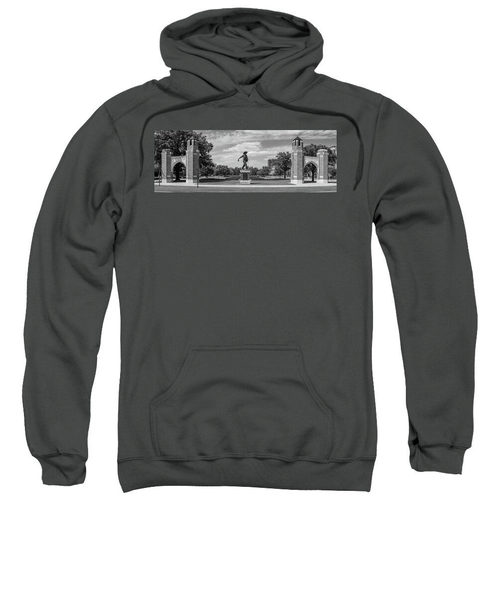 Sower Statue Sweatshirt featuring the photograph Sower Statue on the campus of the University of Oklahoma in panoramic black and white by Eldon McGraw
