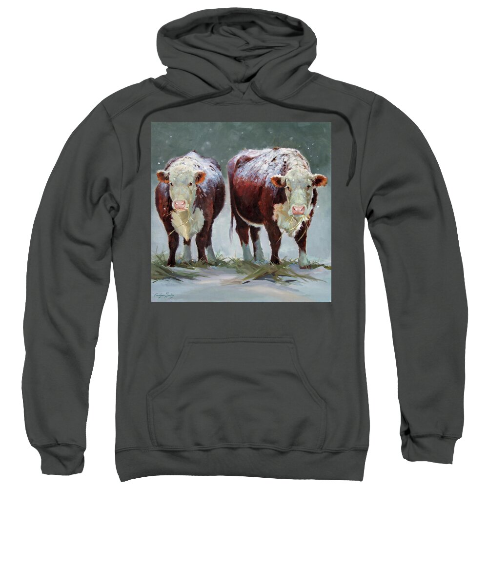 Ranch Animals Sweatshirt featuring the painting Spring Snow by Carolyne Hawley