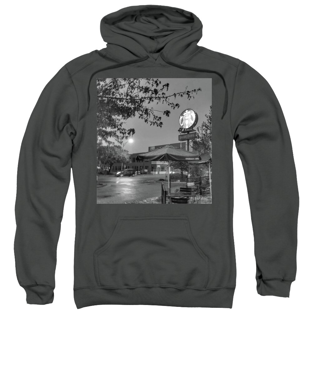 Landscape Sweatshirt featuring the photograph Starbucks on a Rainy Fall Day by Michael Dean Shelton
