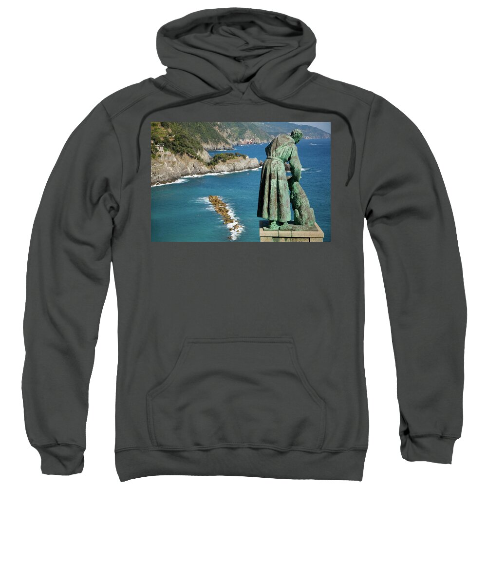 Travel Sweatshirt featuring the photograph Statue of Saint Francis of Assisi petting a dog by Ian Middleton