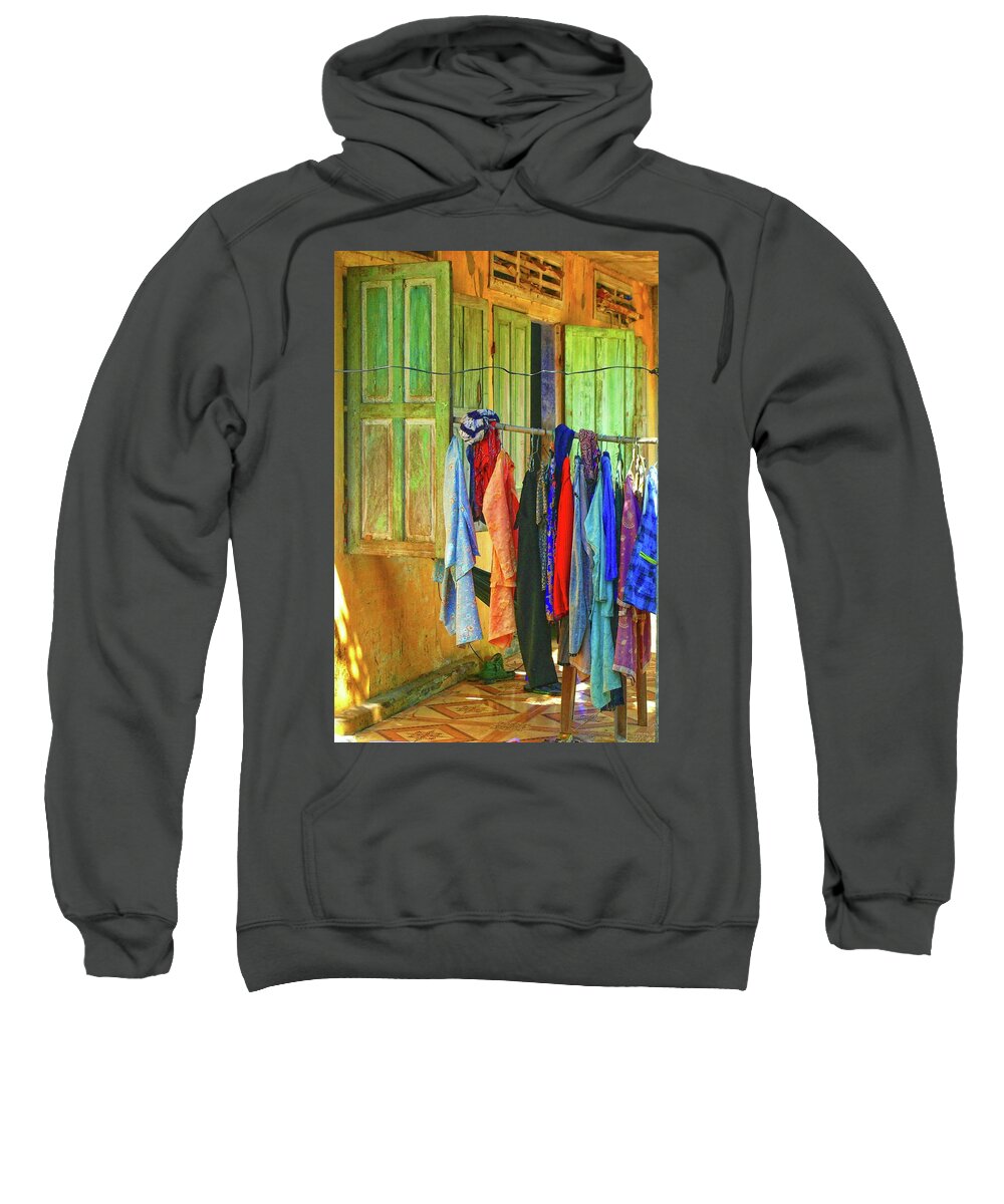 Clothes Sweatshirt featuring the photograph Window doors with hanging clothes, Vietnam by Robert Bociaga