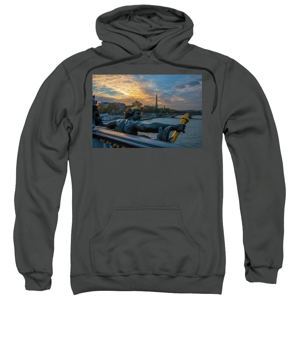 Eiffel Tower From The Alex Bridge Sweatshirt featuring the photograph Sunset on the Seine River by Mike Brown