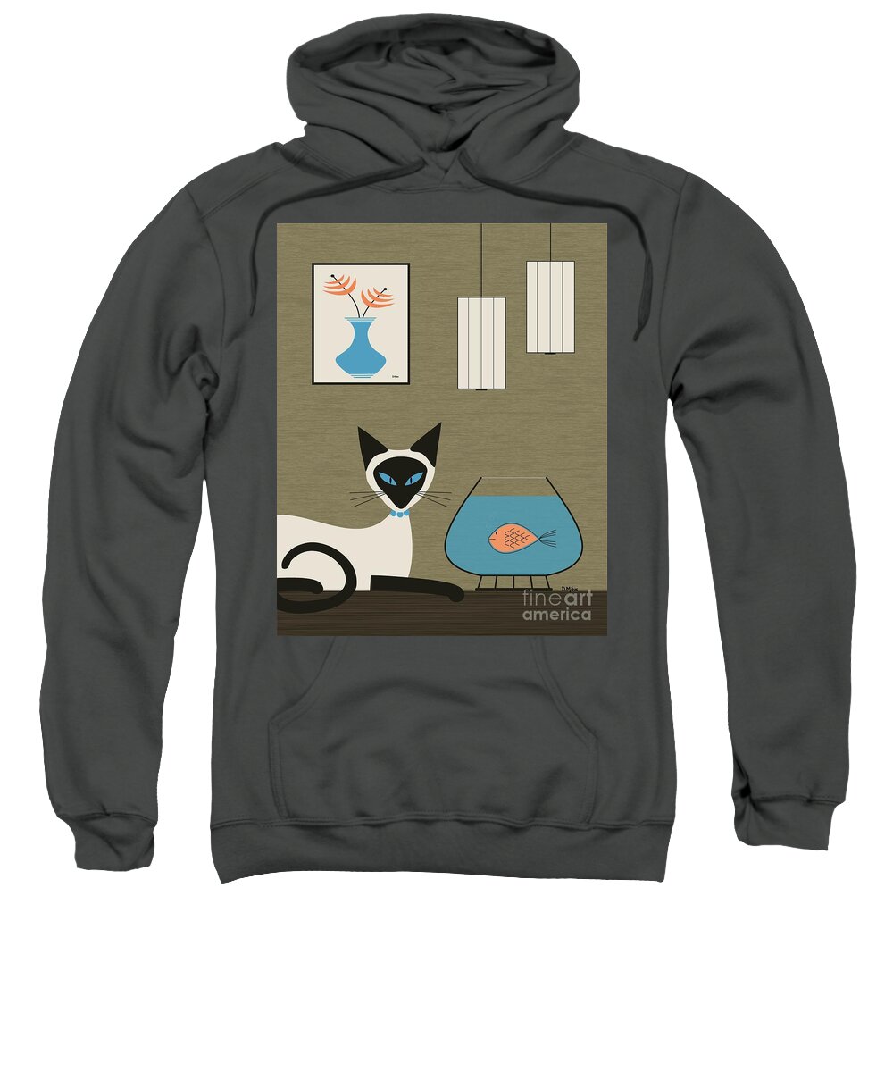 Mid Century Modern Sweatshirt featuring the digital art Tabletop Siamese with Fish by Donna Mibus
