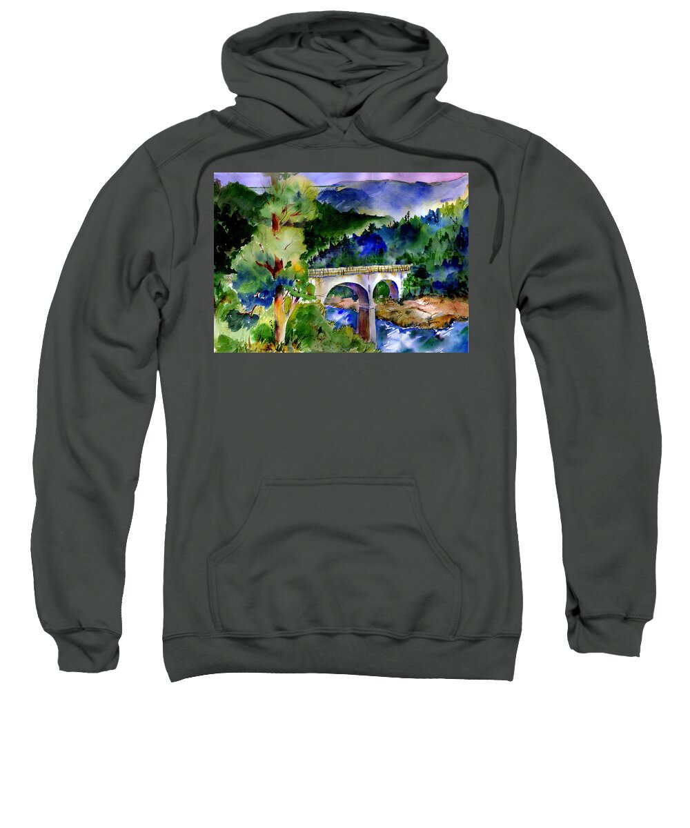 No Hands Bridge Sweatshirt featuring the painting Tale of Two Bridges by Joan Chlarson