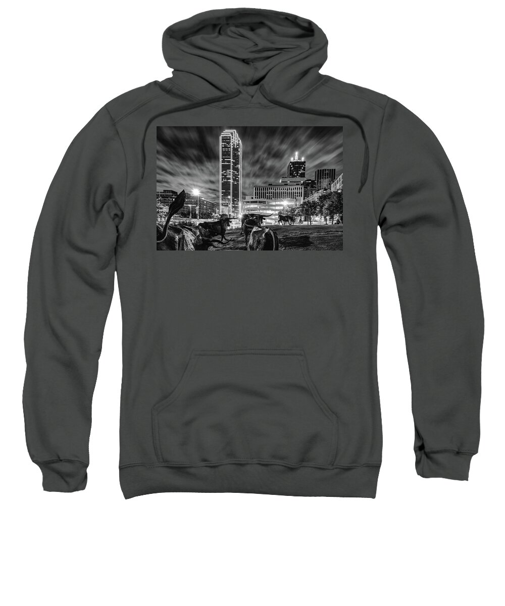 Dallas Skyline Sweatshirt featuring the photograph Texas Longhorn Cattle Drive To the Dallas Skyline - Black and White by Gregory Ballos