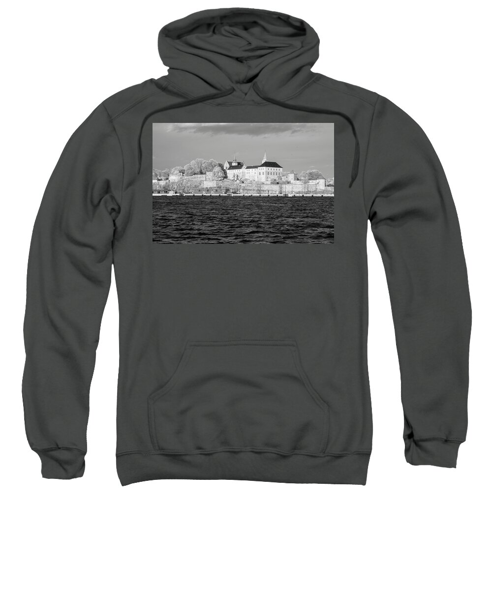 Old Sweatshirt featuring the photograph The Akershus castle in Oslo from the sea in infrared black and white by Maria Dimitrova