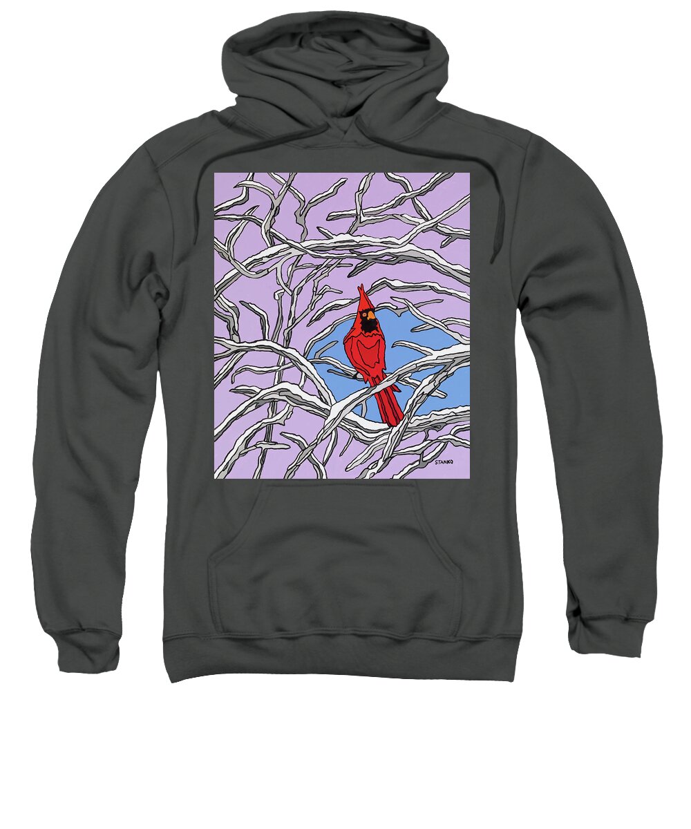 Cardinal Bird Perch Snow Winter Sweatshirt featuring the painting The Cardinal by Mike Stanko
