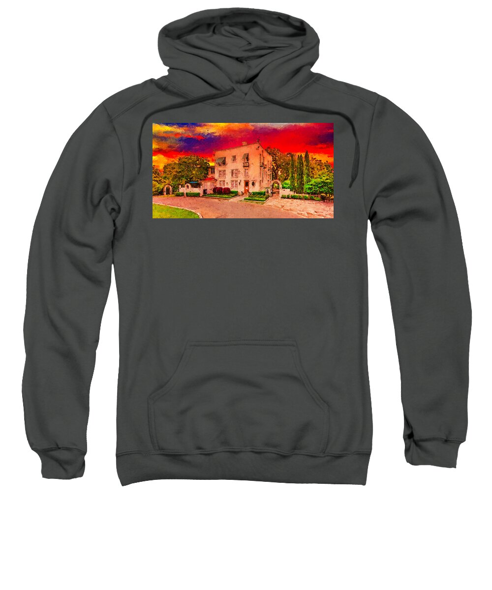 Contemporary Austin Sweatshirt featuring the digital art The Contemporary Austin - Laguna Gloria at sunset - digital painting by Nicko Prints