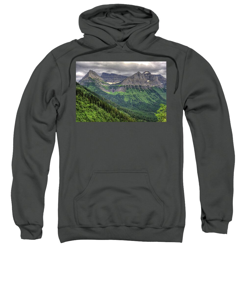 The Alpine Valley In Glacier National Park Sweatshirt featuring the photograph The Grandeur of Glacier by Carolyn Hall