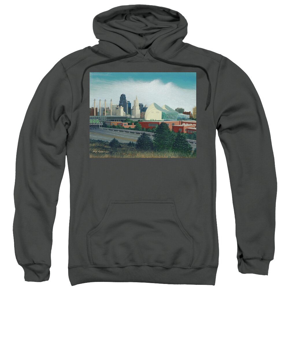 Architectural Cityscape Sweatshirt featuring the painting The Kauffman Center and K.C.Skyline by George Lightfoot