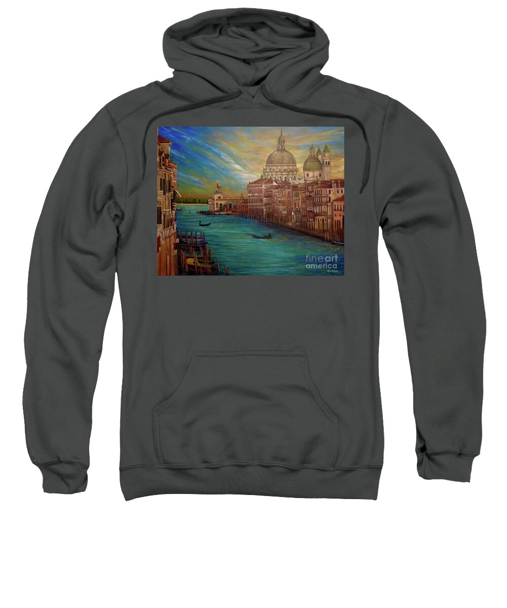 View Of The Grand Canal And The Basilicas Of San Marco In Venice Without Large Commercial Boats And Not Heavily Populated Romantic Sunset Casts Rosy Glow On Architectural Details Of Magnificent City Glistening Water Catches The Sunlight's Rays While Gondolas Are Navigated Through Its Waters Dynamic Sky Sunset Venice Italy Acrylic Paintings Sweatshirt featuring the painting The Venice of My Recollection with Digital Enhancement by Kimberlee Baxter