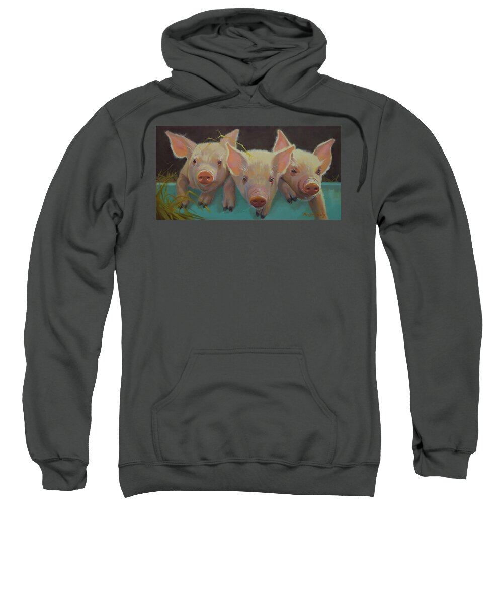 Farm Animals Sweatshirt featuring the painting Three Pigs on Turquoise by Carolyne Hawley