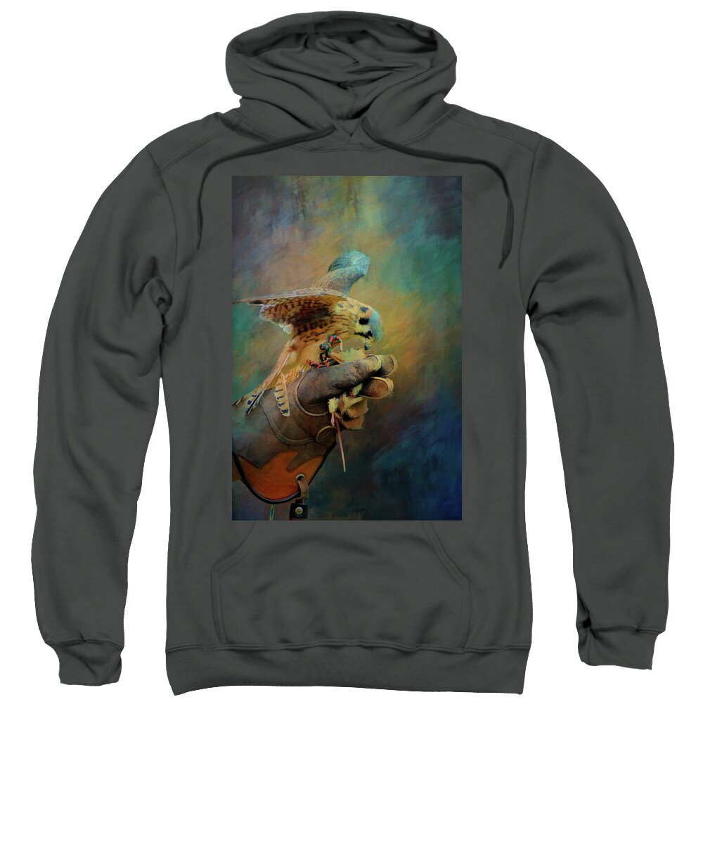 Kestrel Sweatshirt featuring the mixed media Tiny Hunter Painting by Kathy Kelly