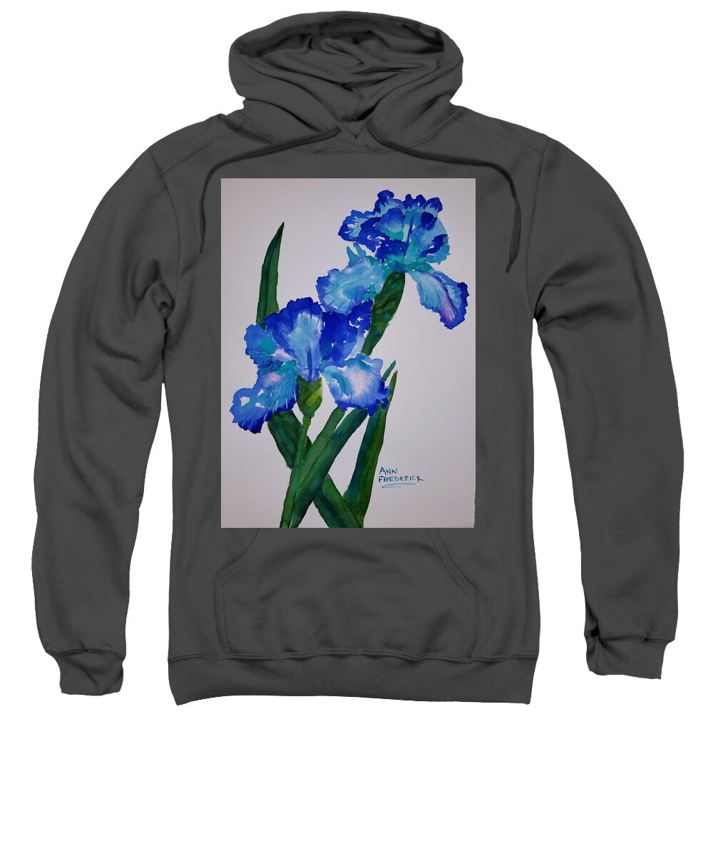 Iris Sweatshirt featuring the painting Too Blue Iris by Ann Frederick