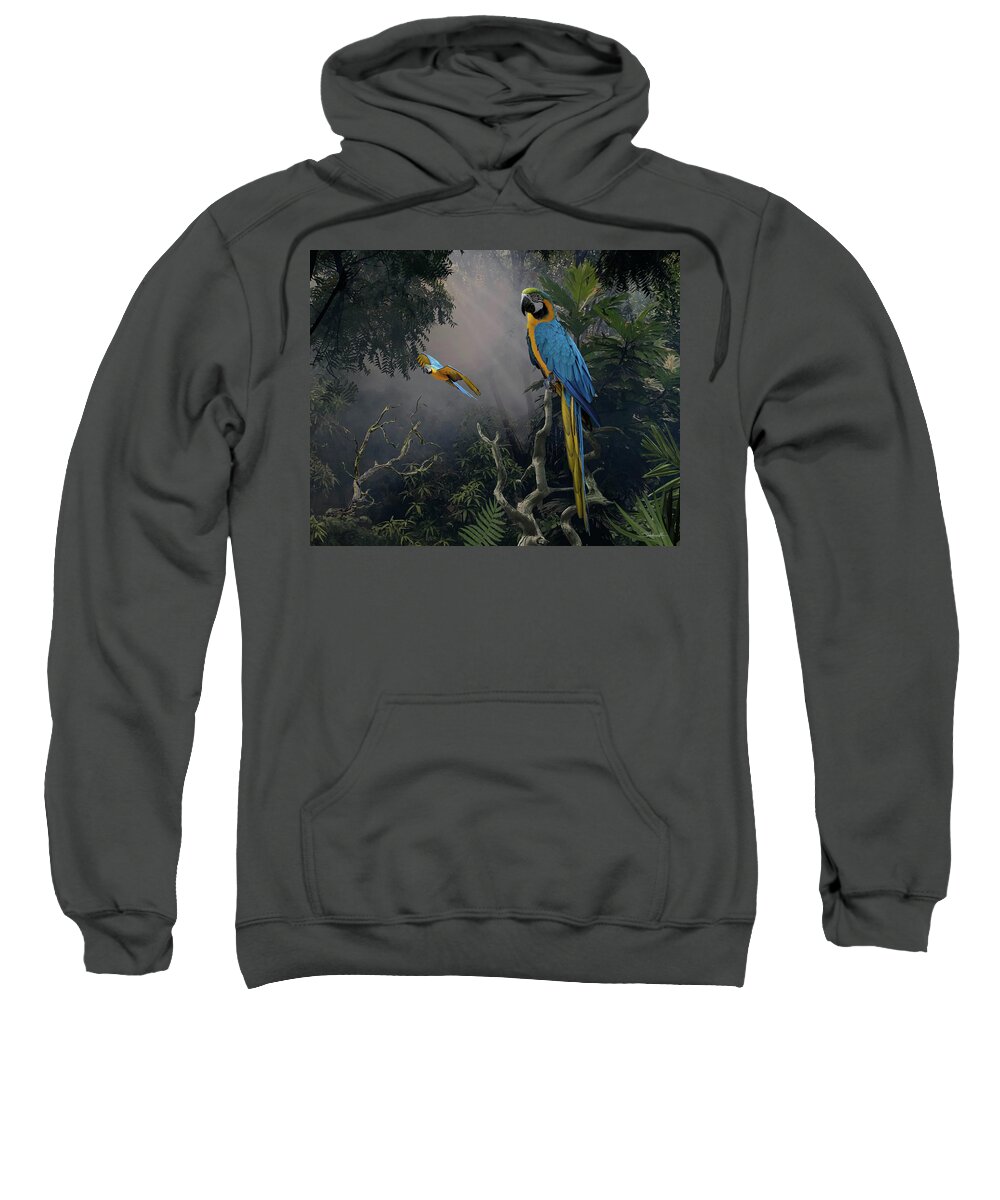 Parrot; Macaw; Rainforest; Tropical; Jungle; Palms. Birds; Avian; Digiral Painting; Spadecaller Sweatshirt featuring the digital art Tropical Blue and Gold Macaws by M Spadecaller