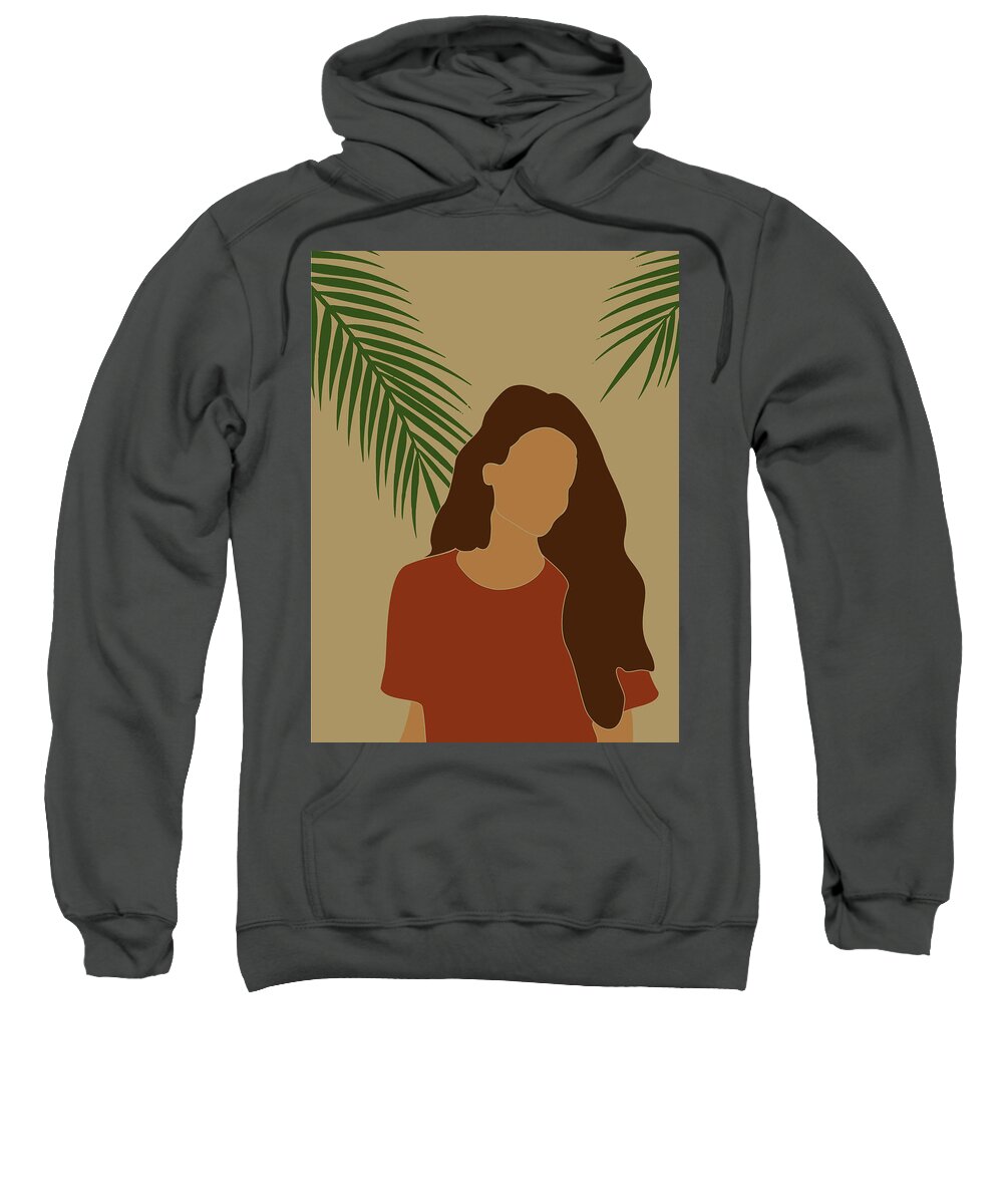 Tropical Reverie Sweatshirt featuring the mixed media Tropical Reverie - Modern Minimal Illustration 07 - Girl, Palm Leaves - Tropical Aesthetic - Brown by Studio Grafiikka