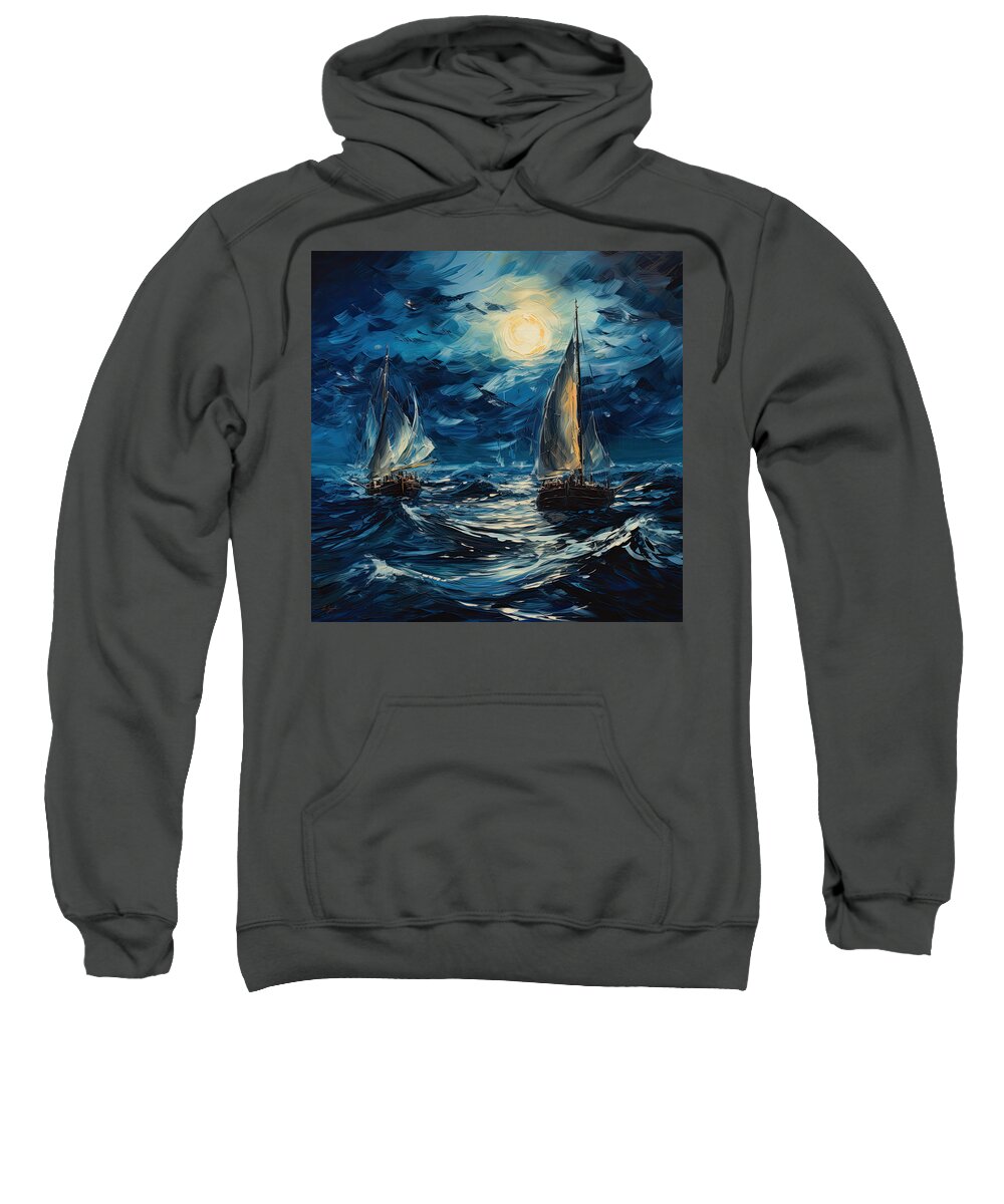 Turquoise Sweatshirt featuring the painting Turquoise Sailing - Moonlight Sailing by Lourry Legarde