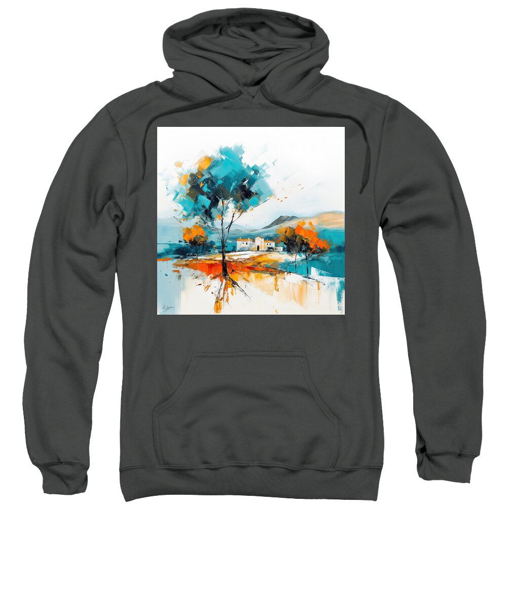 Turquoise And Orange Sweatshirt featuring the painting Tuscan Dream - Modern Turquoise and Orange Landscapes by Lourry Legarde