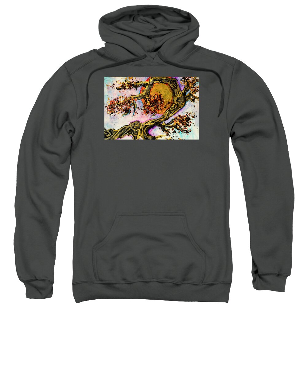 Landscape Sweatshirt featuring the mixed media Twisting Tree to the Sunrise by Joanne Herrmann