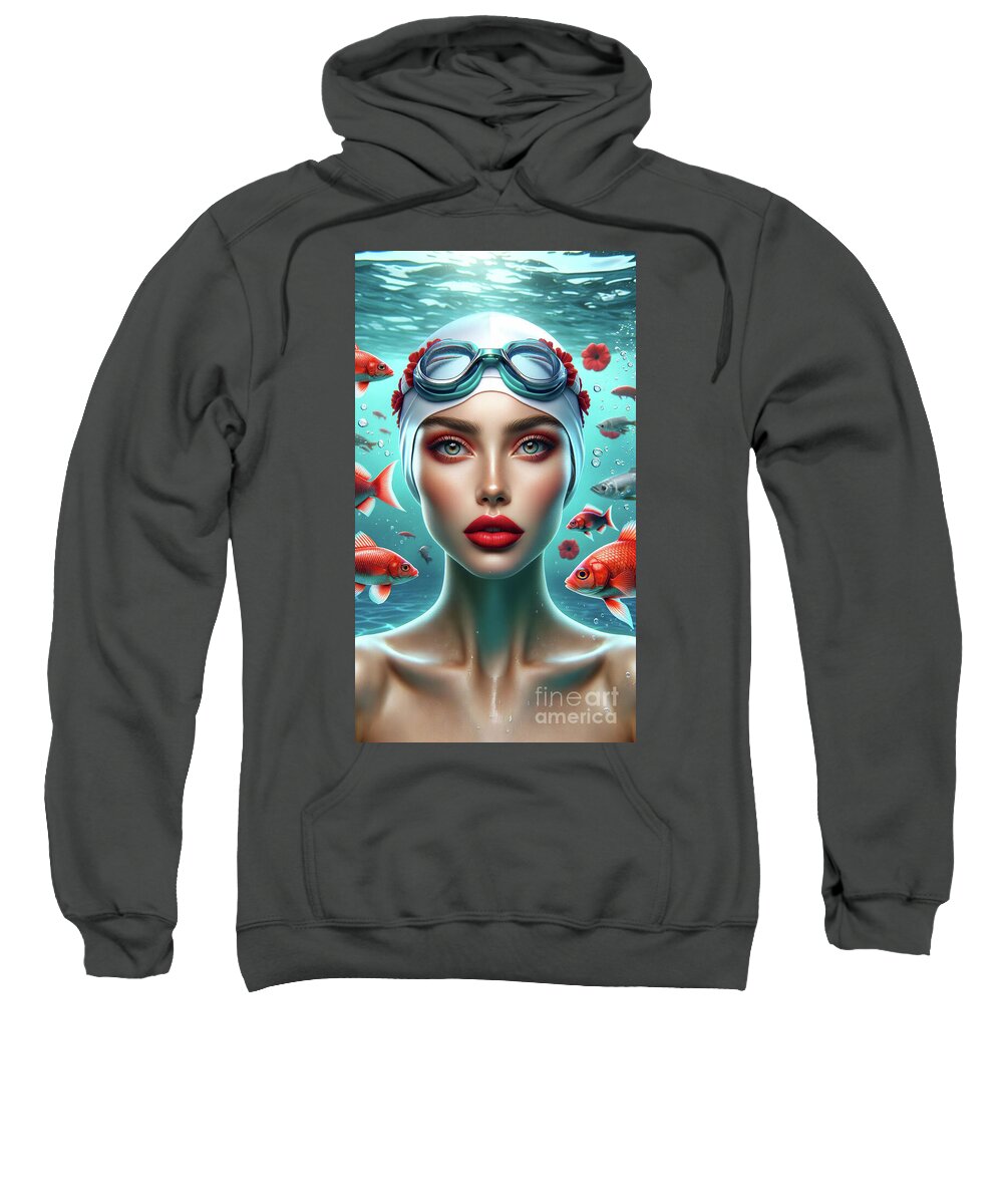 Swimmer Sweatshirt featuring the digital art Underwater portrait of a woman with striking red lips by Odon Czintos