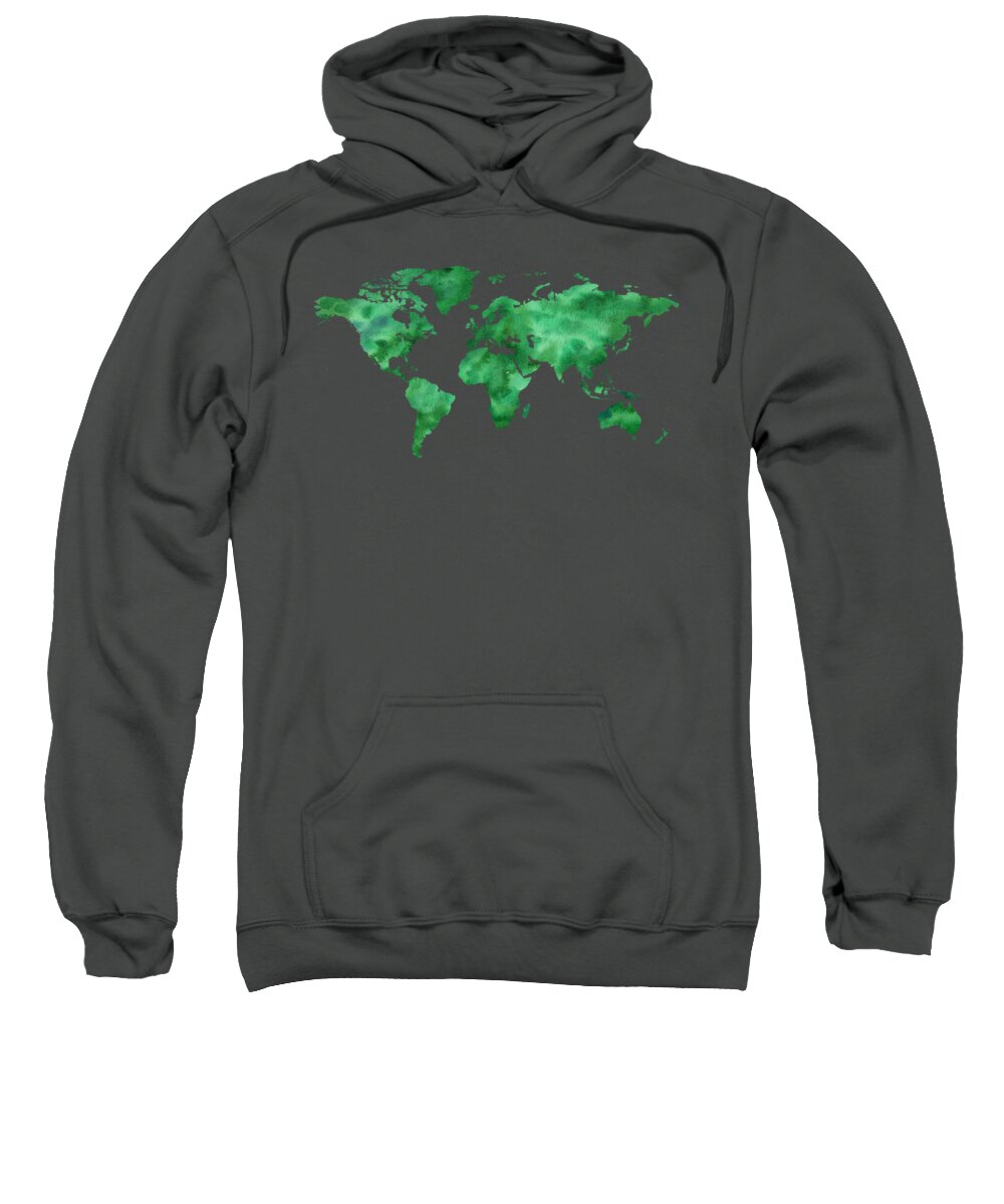 Green Sweatshirt featuring the painting Watercolor Silhouette World Map Colorful PNG XXXI Green by Irina Sztukowski
