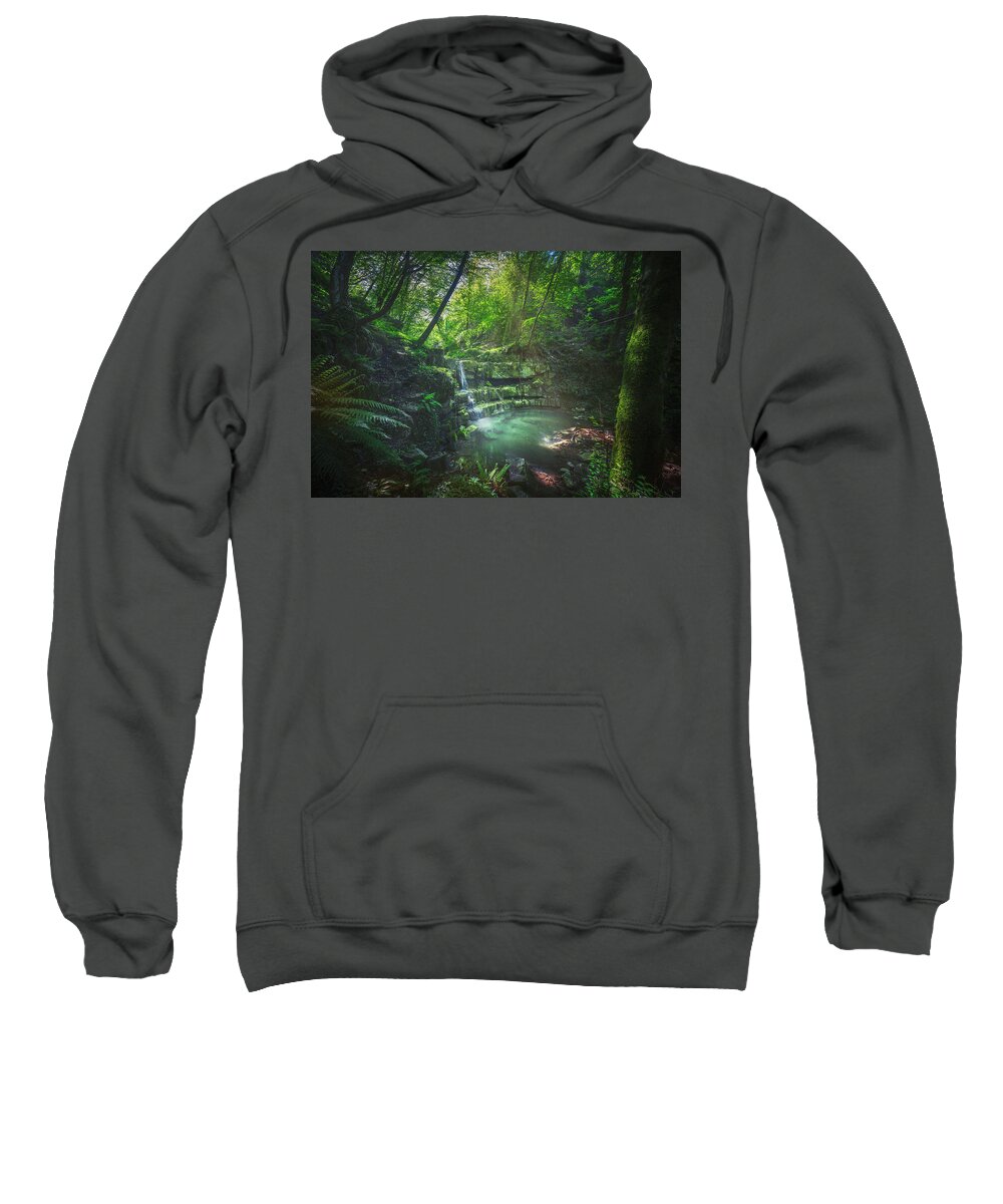 Waterfall Sweatshirt featuring the photograph Waterfall inside a forest. Chianni, Tuscany by Stefano Orazzini