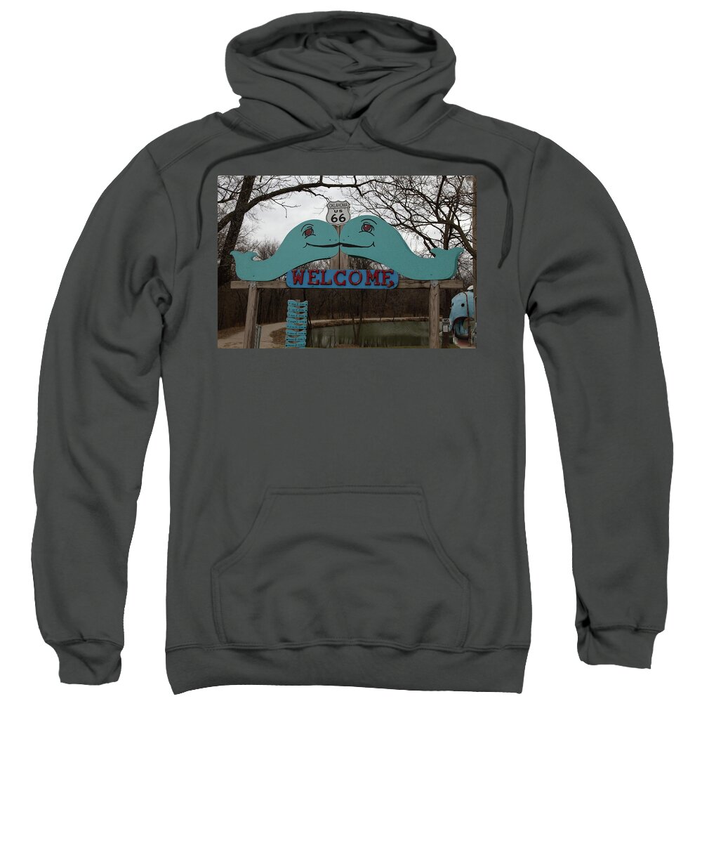 Route 66 Roadside Attraction Sweatshirt featuring the photograph Welcome sign for the Blue Whale of Catoosa Oklahoma on Historic Route 66 by Eldon McGraw