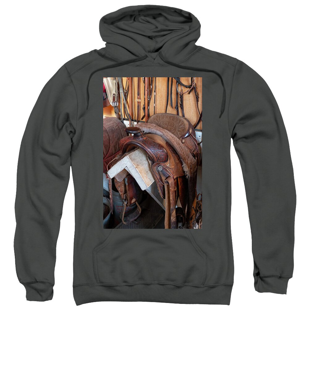 Western Sweatshirt featuring the photograph Western Saddle by Karen Rispin