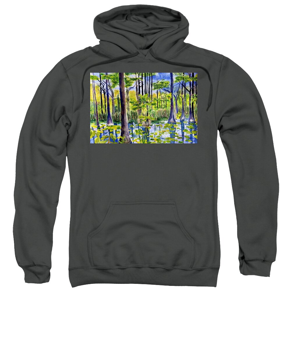 Cypress Dunes Sweatshirt featuring the painting Where the Bullfrogs live by Ann Frederick
