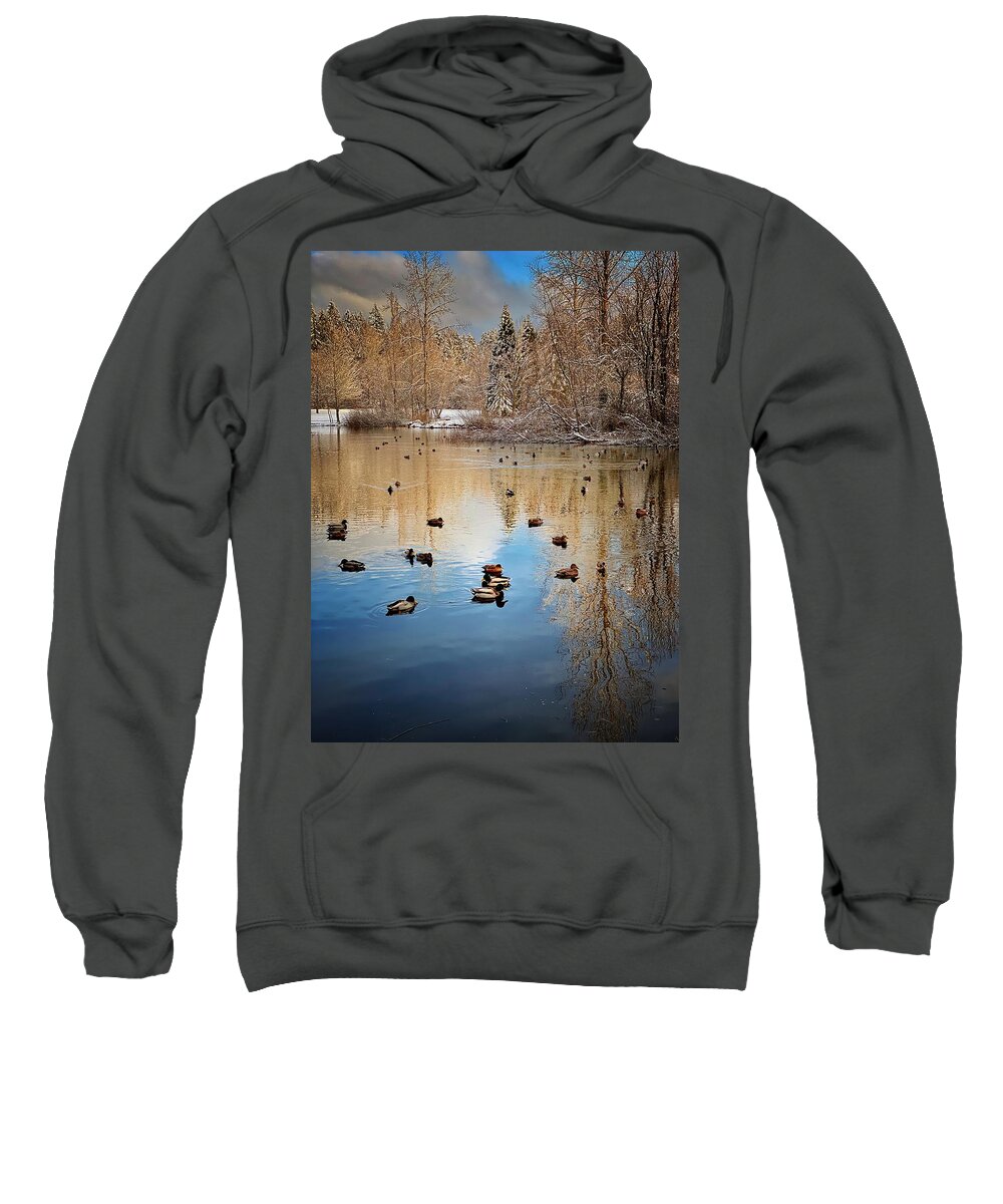 Winter Sweatshirt featuring the photograph Winter Duck Pond by Jerry Abbott