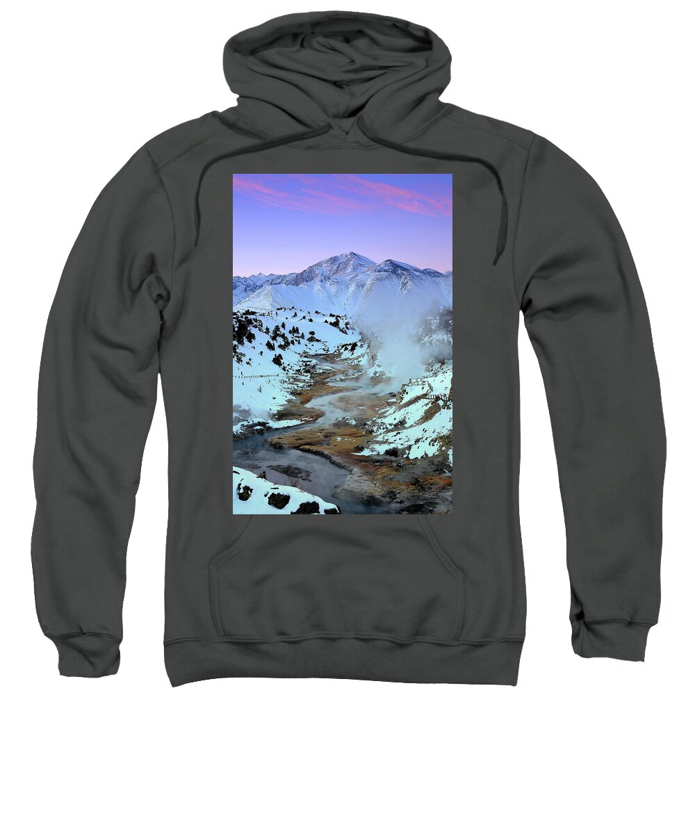Hot Sweatshirt featuring the photograph Winter sunrise at Hot Creek in the Eastern Sierras of California by Jetson Nguyen