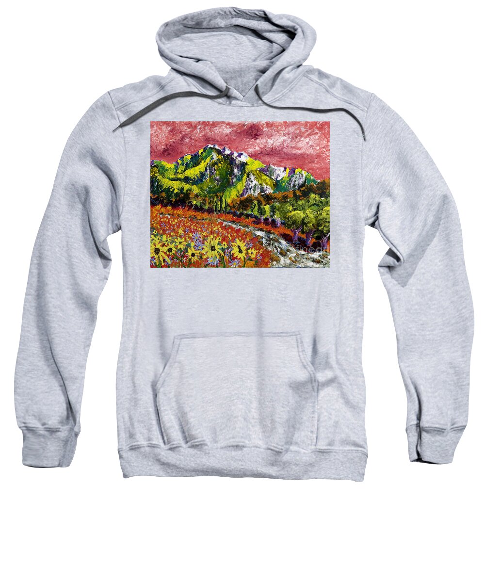 Mountains Sweatshirt featuring the painting Yellow Flowers by Walt Brodis