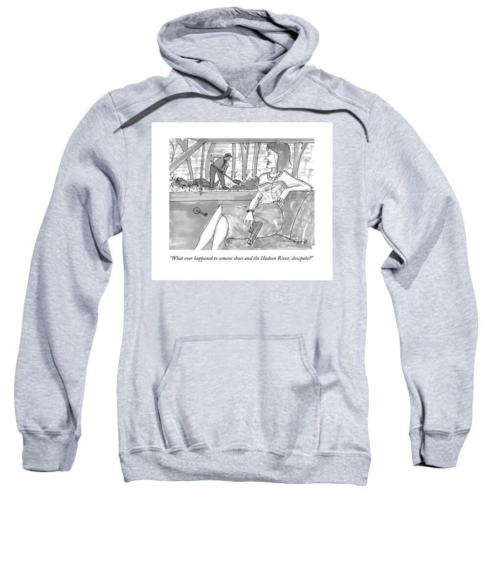 Burying Bodies Sweatshirt featuring the drawing A Woman With A Gun Waits In The Car As A Man by Michael Crawford